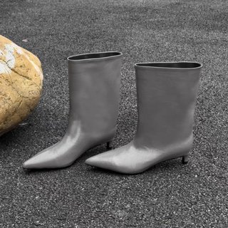 Botas femininas de cano médio, bico fino, tubo largo fosco, botas femininas de salto baixo, botas curtas femininas 42 43