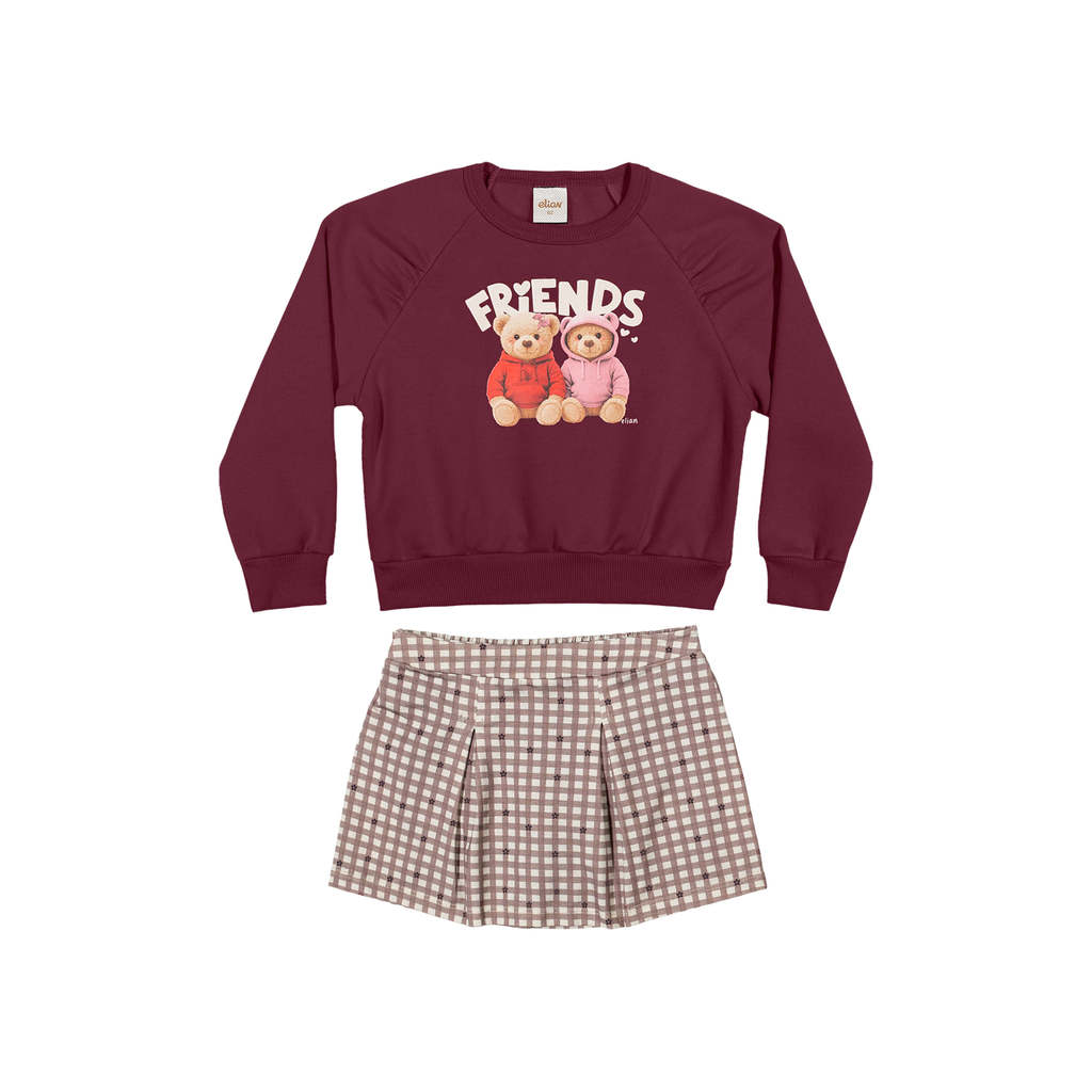 Conjunto Infantil Menina Xadrez Ursinhos Elian Vermelho