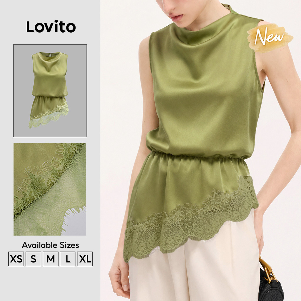 (New Arrival) Lovito Blusa Feminina Verde Clara Elegante Lisa De Cor Sólida Sem Mangas Com Gola Alta E Textura De Renda Confortável E Estilosa Confortável Para Trabalho Na Primavera E No Verão Bordado BLT205P2D024