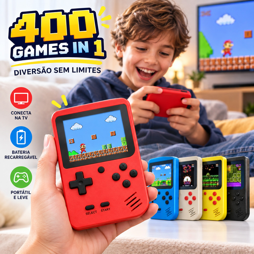 Mini Game Portátil Retrô 400 Jogos Tela 2,4” Console com Cabo AV