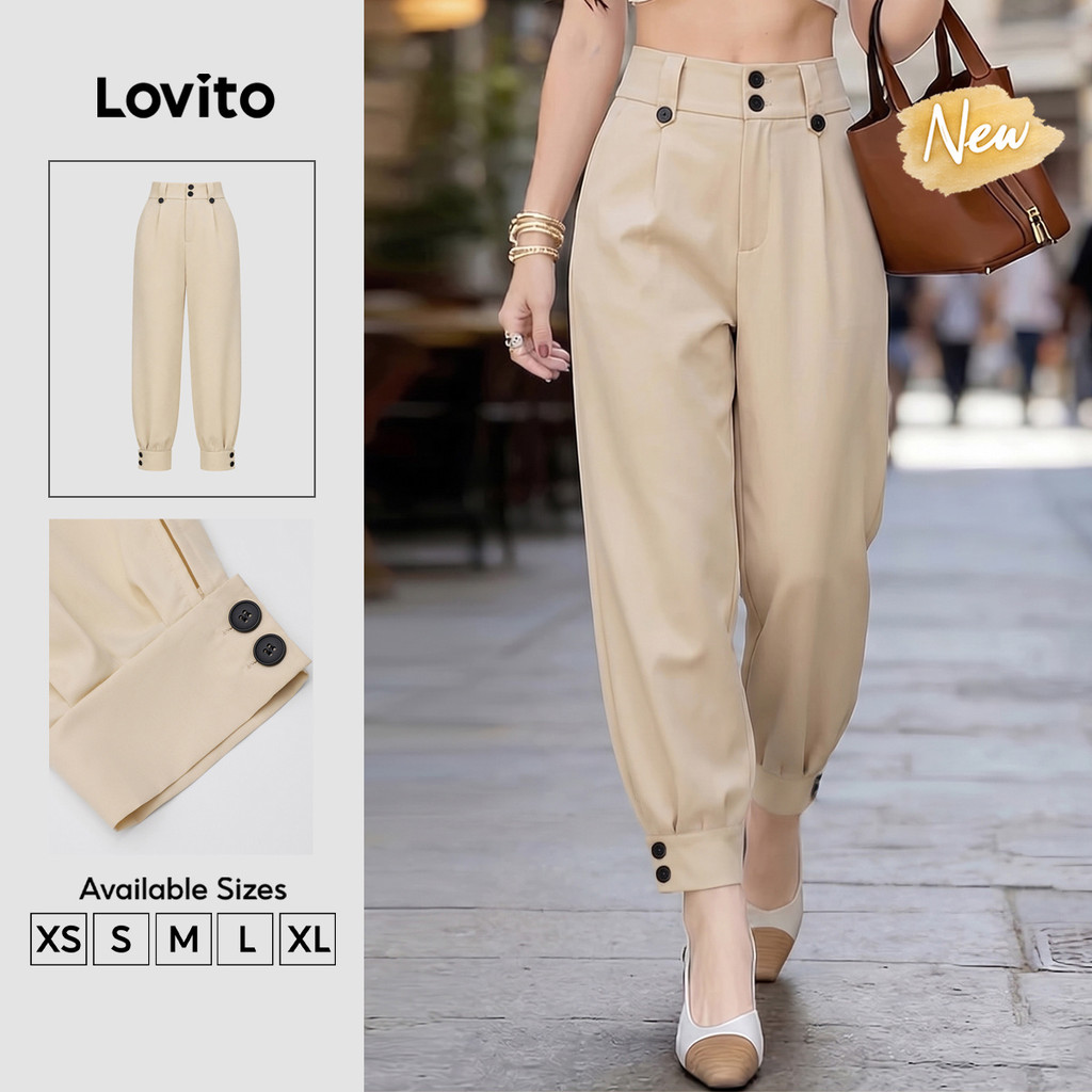 (New Arrival) Lovito Calças Cáqui Elegantes De Cintura Alta Com Botões E Pregas Para Trabalho Primavera/verão Femininas PTB204P1D200