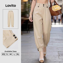 (New Arrival) Lovito Calças Cáqui Elegantes De Cintura Alta Com Botões E Pregas Para Trabalho Primavera/verão Femininas PTB204P1D200