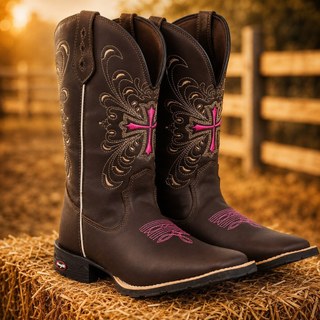 Bota Texana Feminina Couro Botina Feminina Cruz Rosa Bico Quadrado Country