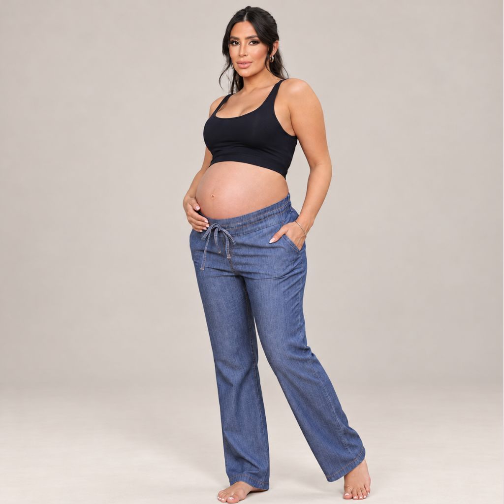 Calça Jeans Gestante Soltinha Regulagem Cós Elástico Anatômico Maternidade