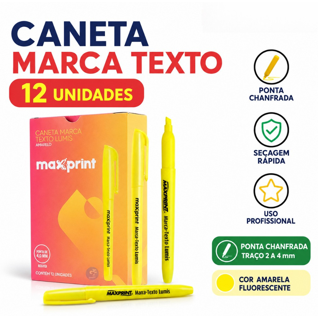 Marca Texto Maxprint Lumis Amarelo Caixa com 12 Unidades