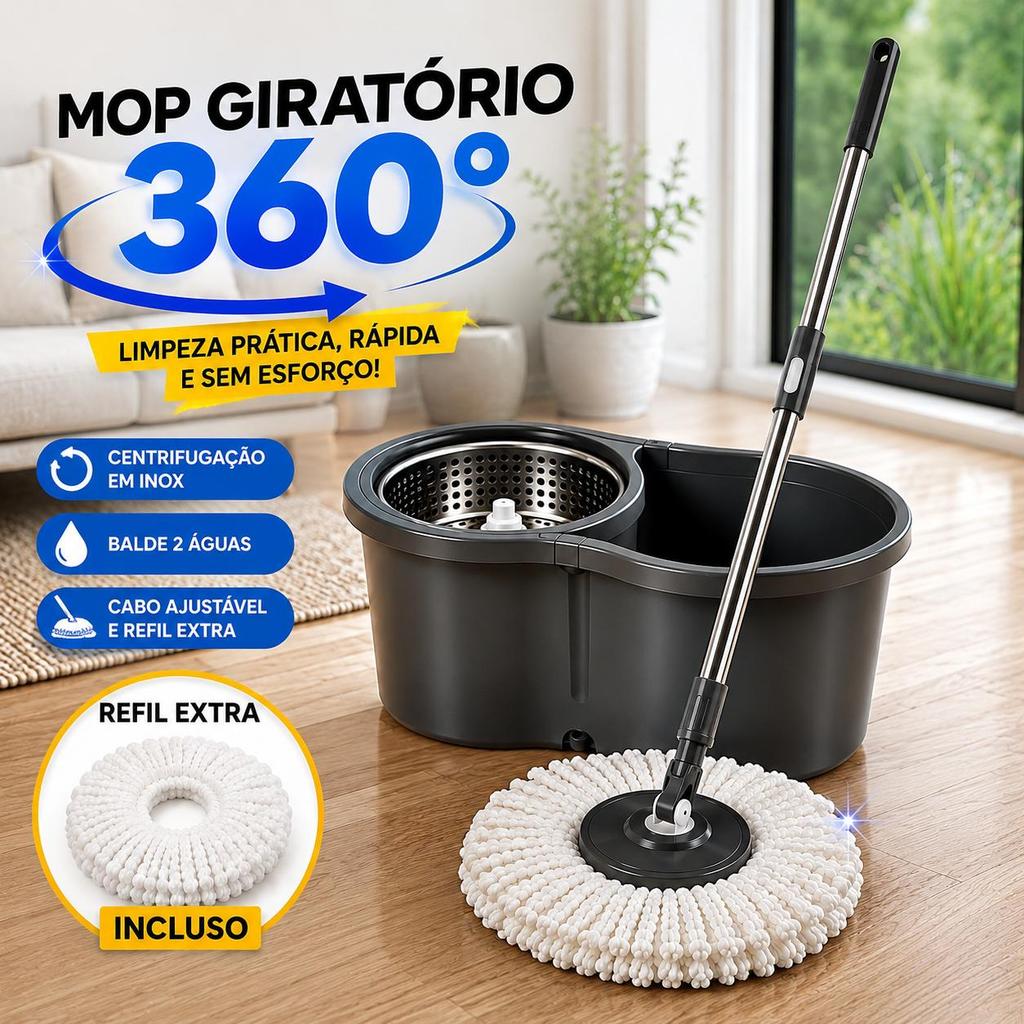 Mop Giratório 360° Cesto Inox Balde 9L Esfregão Mágico Limpeza Prática Centrífuga Rodo Piso Casa Refil Extra