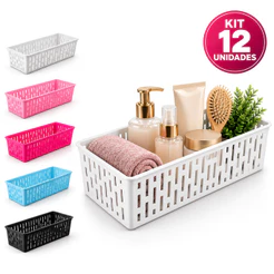 Kit 12 Cesto Retangular Organizador Multiuso Gaveta Retangular Branco Rosa Preto Cestinho