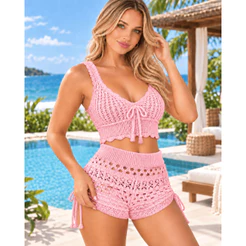 Short Feminino Tricot Vazado Amarração Lateral Saída de Praia Moda Verão Tendência 2026/2027