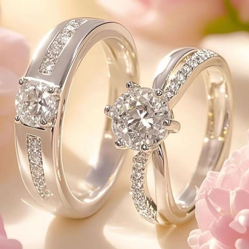 Pronto estoque Casal simulação de casamento fileira aberta diamante anel de diamante anel de casamento par anel falso de