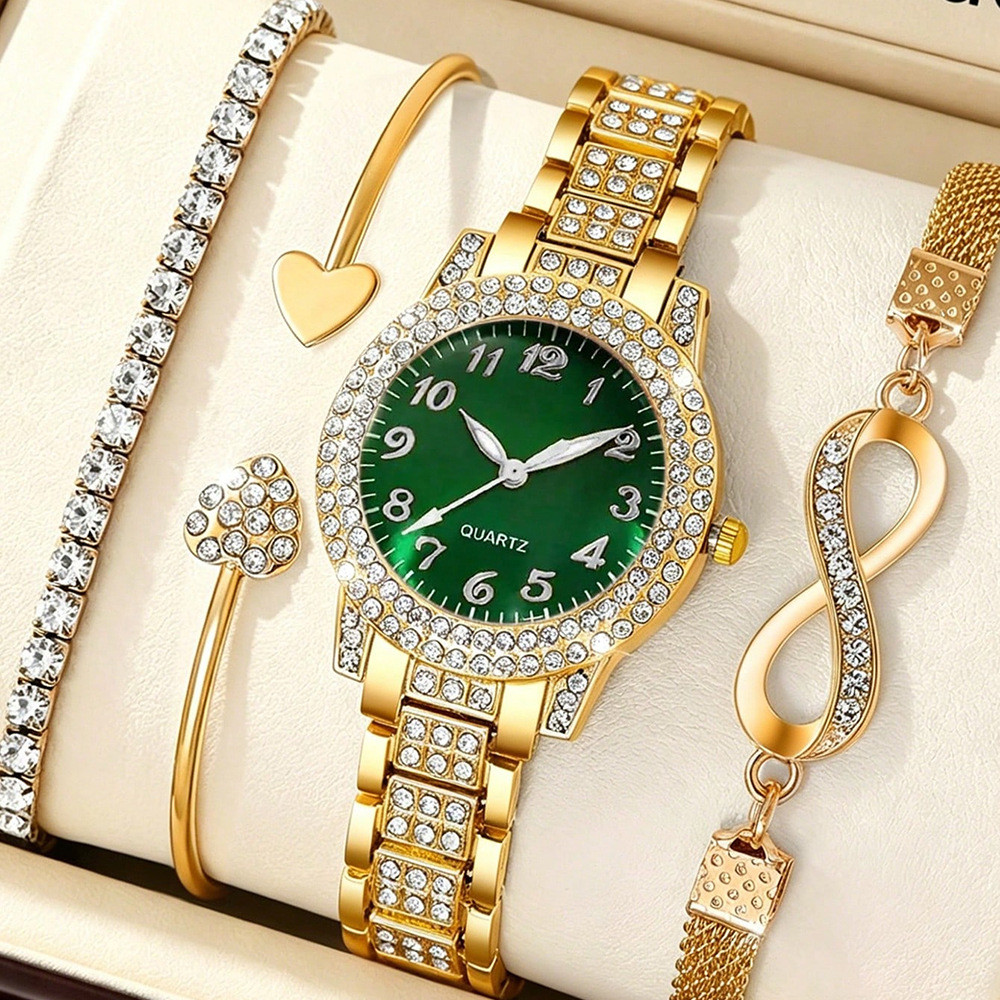 Conjunto de 4 peças de relógio de quartzo feminino de luxo cheio de estilo elegante nobre e atraente