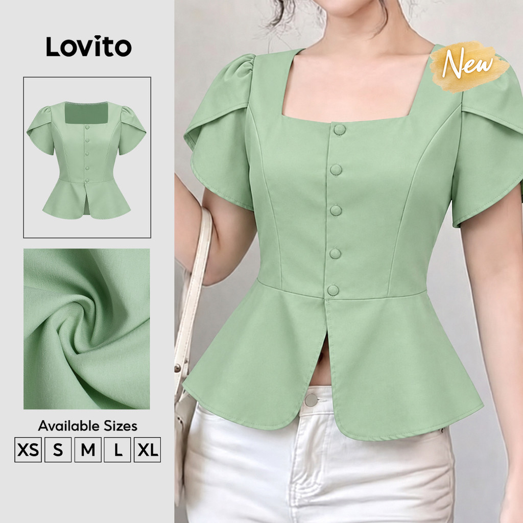 (New Arrival) Lovito Blusa Feminino Elegante Estilo Retrô Anos 90 Com Fenda Frontal E Botões Para O Dia a Dia Na Primavera/verão Na Cor Verde BLK9P1D516