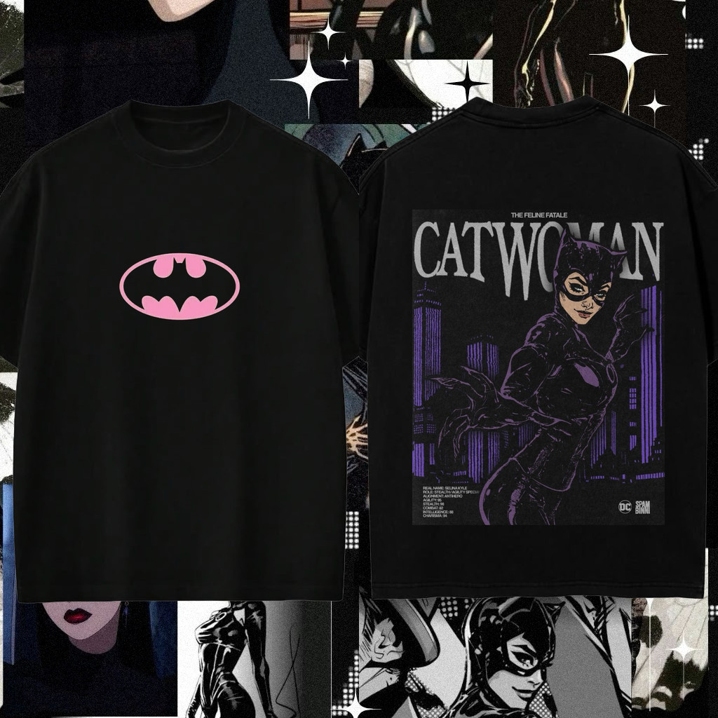 Camiseta Masculina Estampa Batman e Catwoman Moderna Confortável Atemporal Tema Super Heróis Estilo Casual