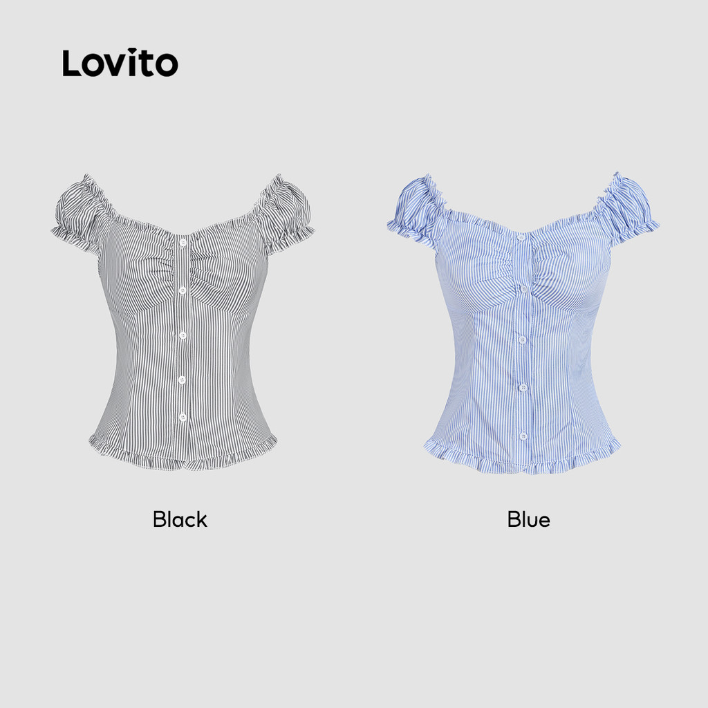 (Casual) Lovito Blusa listrada com botões plissados para mulheres L133AD630