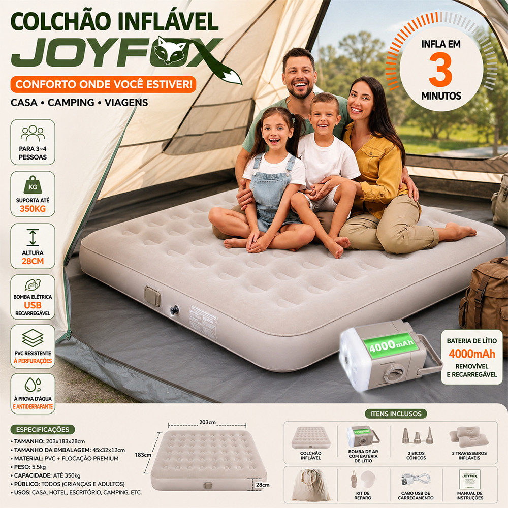 Colchão Inflável Casal Queen JOYFOX 203x183cm Bomba USB Recarregável Até 350kg Camping Família