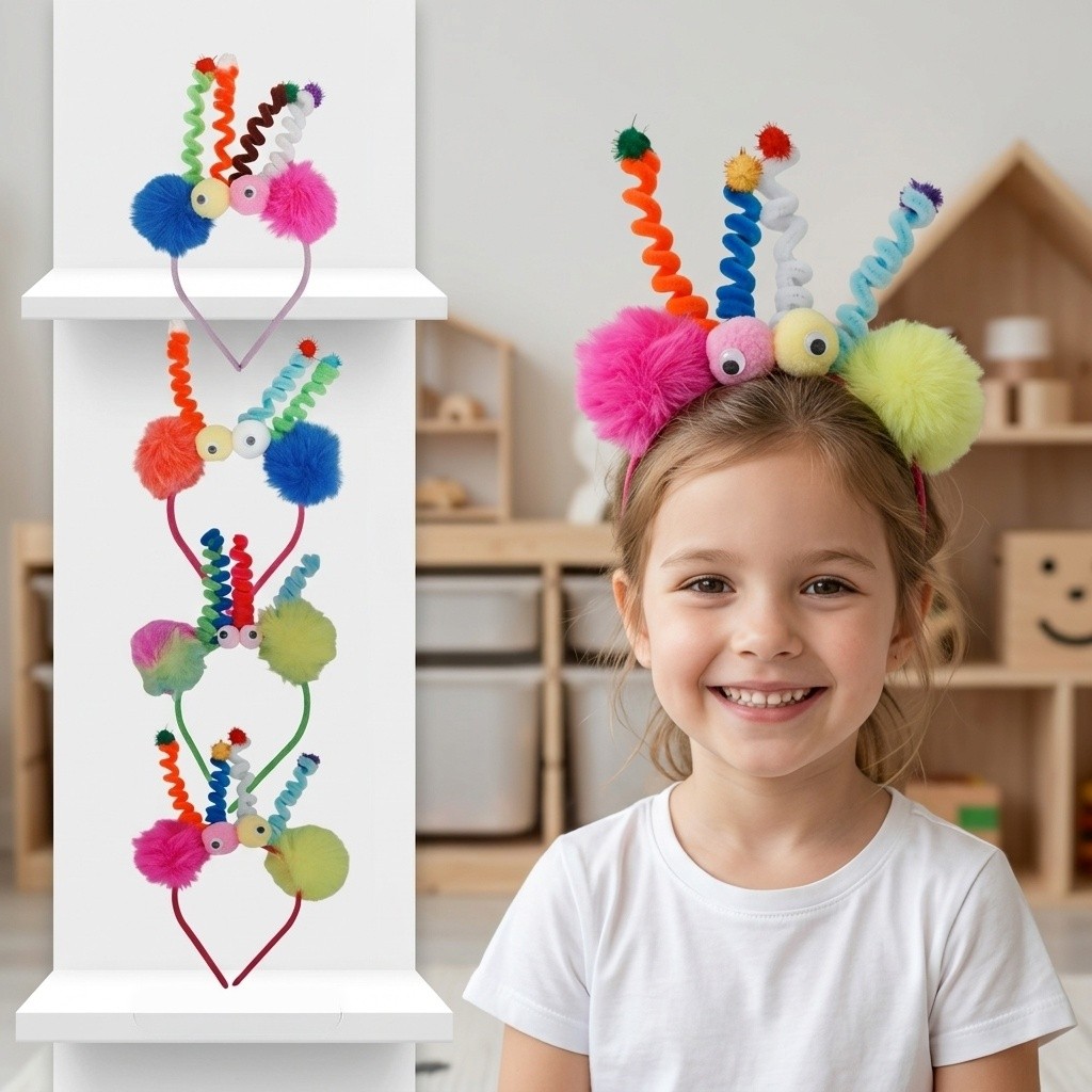 Tiara pompom Maluca Cabelo Maluco Colorida Molinhas Arquinho Festa Fantasia Halloween Dia das Crianças