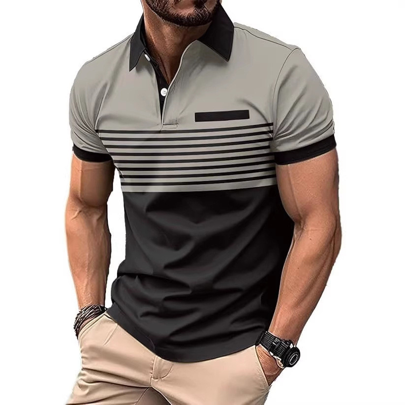 Moda listras impressão Digital masculina lapela botão camisa POLO 9.29