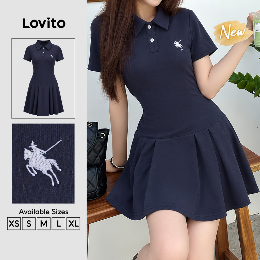 Lovito Vestido Feminino Azul-Escuro Casual com Botão Modelo Curto A Primavera Verão DRK10P1D1136