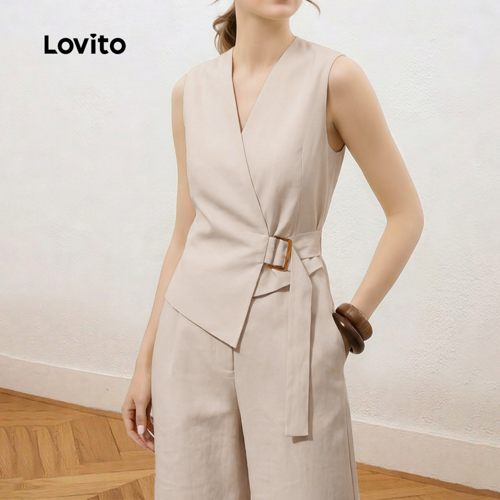 (New Arrival) Lovito Top Ou Parte Inferior De Conjunto cáqui assimétrico Feminino Casual primavera/verão Fim De Semana PSK10TD144 — imagem 2 de 2