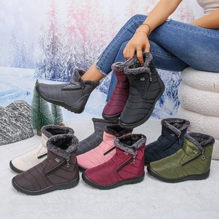 Botas de neve de tubo curto impermeável de inverno feminino zíper lateral grosso pelúcia botas de algodão quente fundo p