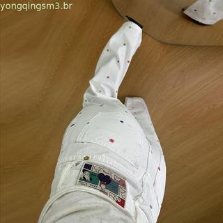 Outono novo estilo solto mais magro olhar versão coreana colorido bordado flores bege Denim calças de perna larga femini