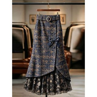 French retro chic design printed skirt for women, 2026 autumn new high-waisted age-reducing patchwork long skirt Saia es