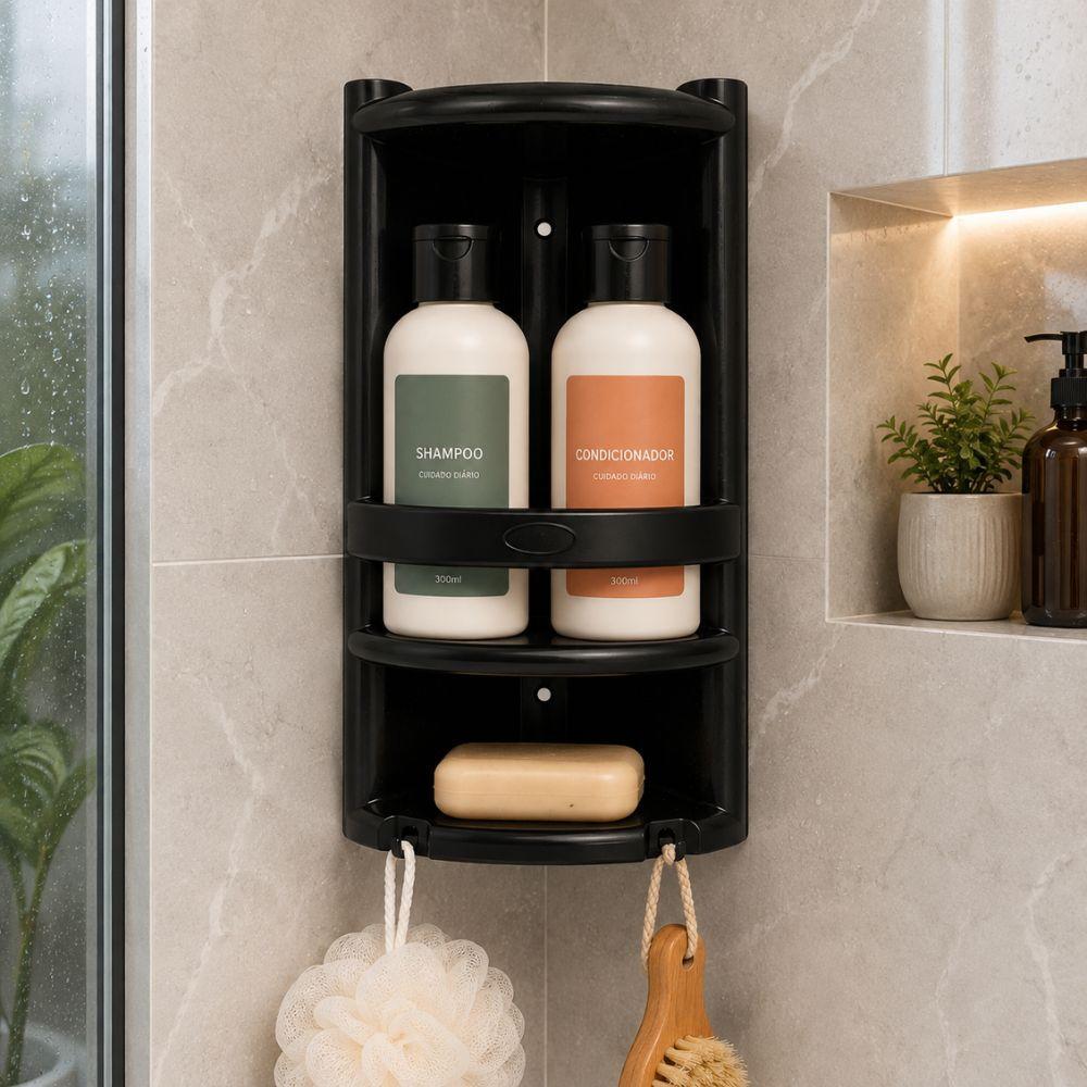 Cantoneira Banheiro Box Prateleira Dupla Porta Shampoo Organizador De Canto Suporte Higiene Plástico Multiuso