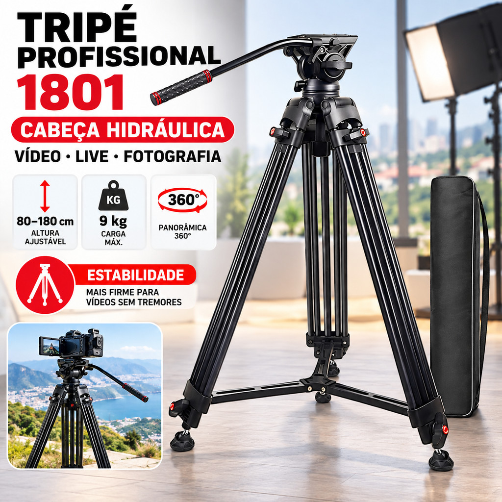Tripé Profissional para Câmera com Cabeça Hidráulica, Ideal para Filmagem, Vídeo e Live