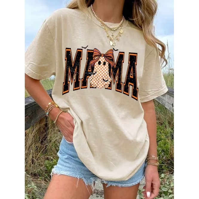 Camiseta Feminina Manga Curta Estampada Mama Fantasma Xadrez Confortável Linda Estilosa Casual Moda Verão Tendência