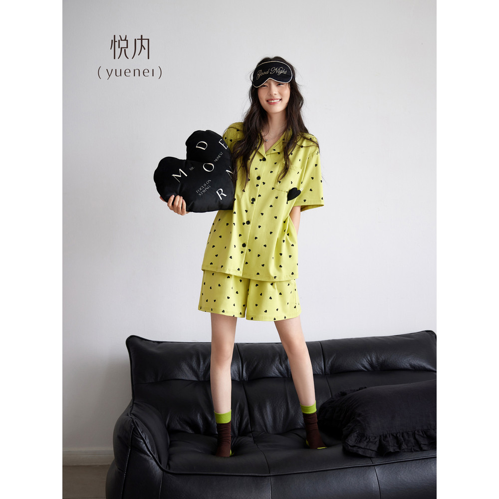 Yue pijamas internos femininos verão verão algodão puro manga curta novo estilo Homewear solto Casual amor impressão Car