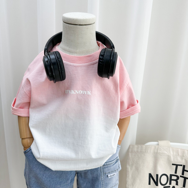 Meninos verão puro algodão de manga curta camiseta crianças versão coreana gradiente estilo ocidental solto meia manga c