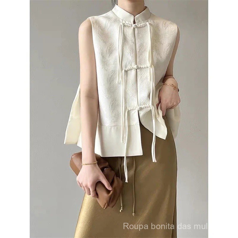 Colete Feminino Retrô com Gola Alta e Botões, Colete Sem Mangas em Jacquard, Colete Cheongsam, Colete de Botões com Nova