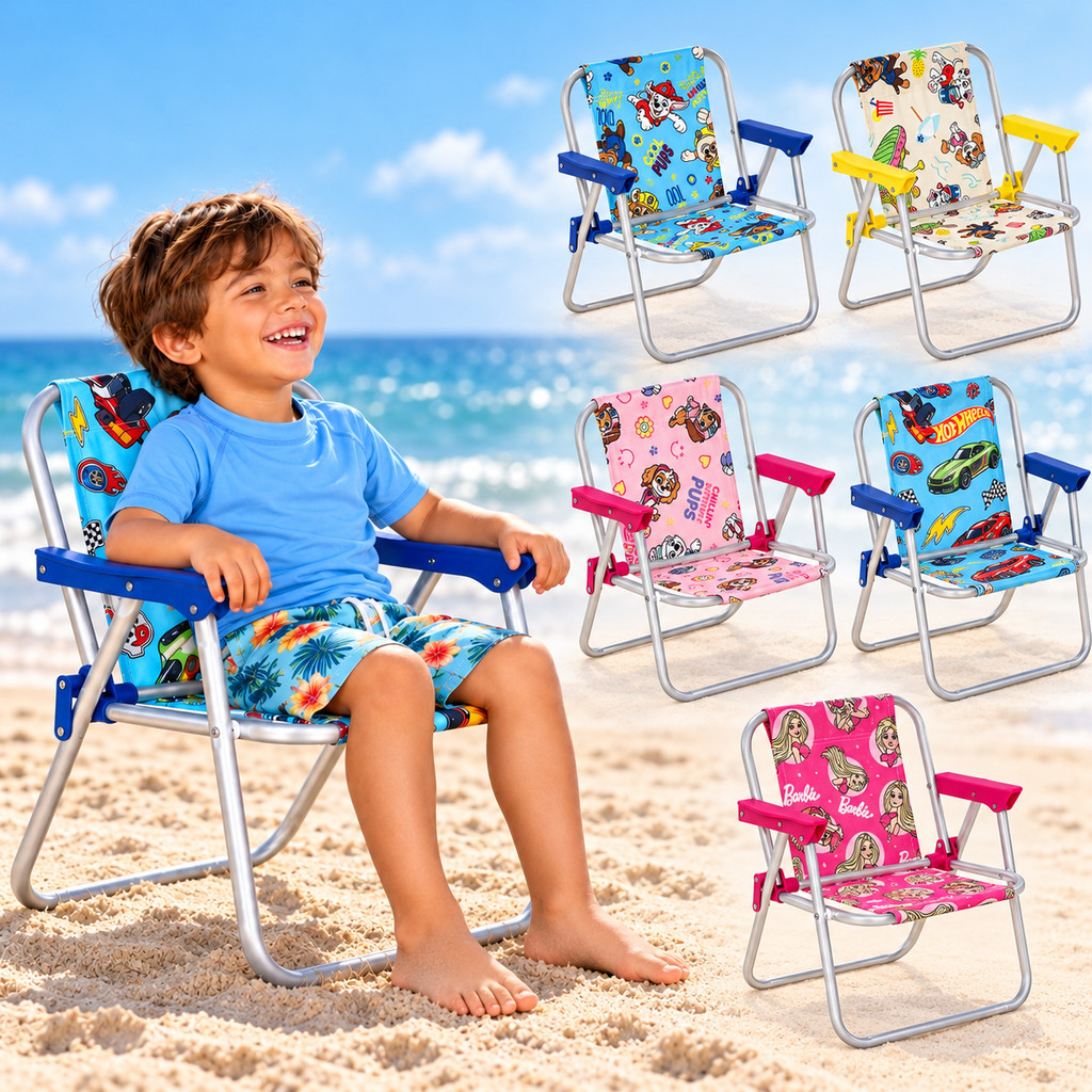 Cadeira de Praia Infantil em Aluminio, dobravel, Patrulha Caninina, Barbie e Hot Wheels - Belfix