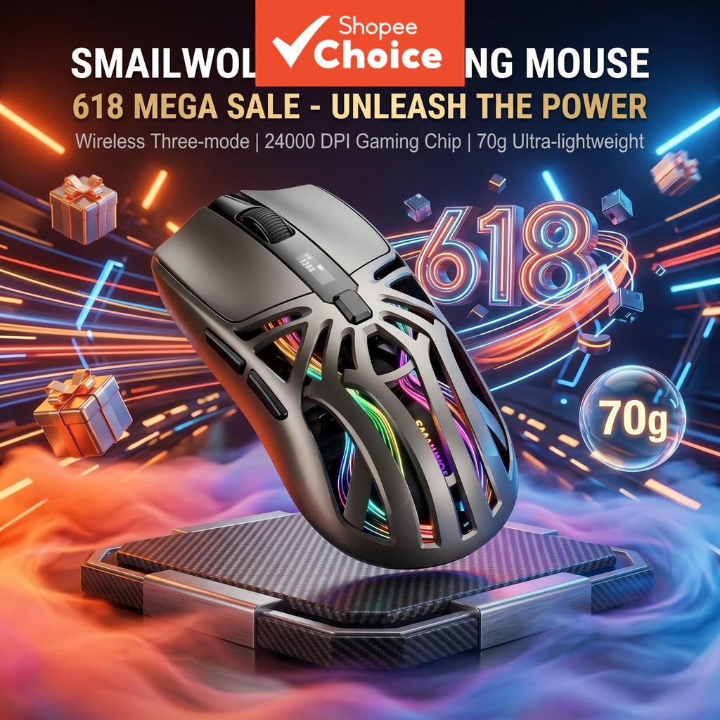 Smailwolf RS8 Mouse Gaming Profissional de 6 Teclas com Chip Sensor Gamer Ajustável 1200-24000 DPI, 3 modos: 2.4G