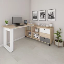 Escrivaninha Mesa Escritório e Home Office em L 3 Gavetas 4 Nichos 160,3cm Industrial Ca Carvalho/Grafito/Branco