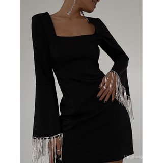 2024 Europeu Americano Cross-Border Tassel Fashion Back Hollow Manga Queimada Vestido Preto de Comprimento Médio.