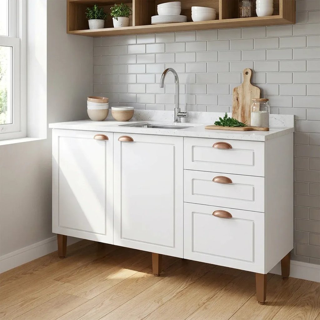 Balcão para Cozinha 120cm com 3 Portas e 2 Gavetas Americana Branco Nobre Branco