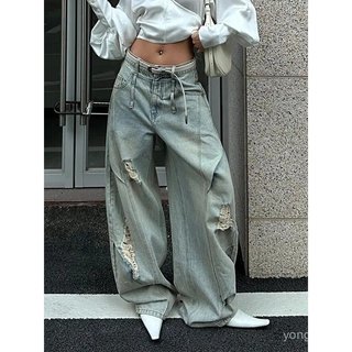 Jeans Rasgados Americanos Retro, Jeans Largos Estilo Boyfriend para Mulheres