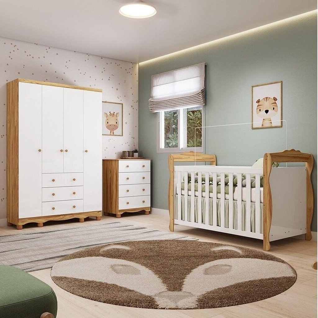 Quarto de Bebê Completo Berço 3 em 1, Guarda Roupa e Cômoda MDF Nina Espresso Móveis Branco/Amêndoa Branco
