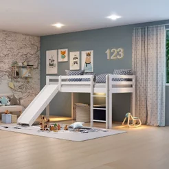 Cama Alta Infantil com Escorregador em Madeira Maciça/MDF Branco Branco