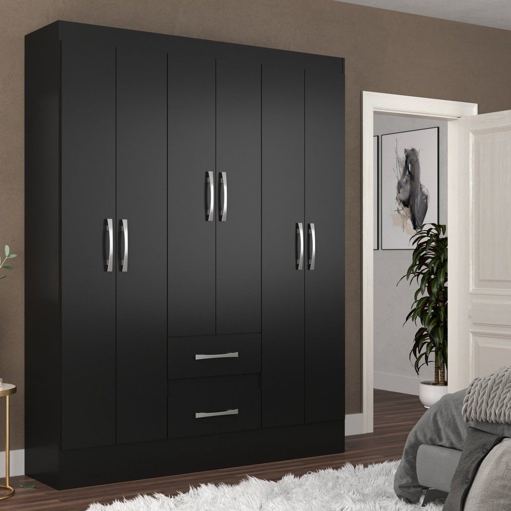 Guarda-Roupa Solteiro 6 Portas 2 Gavetas Magistral Preto Preto