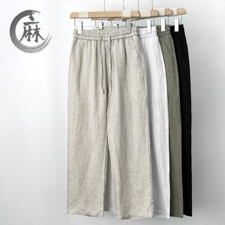 High-End calças masculinas de linho puro verão calças de linho de algodão masculino solto perna larga em linha reta calç
