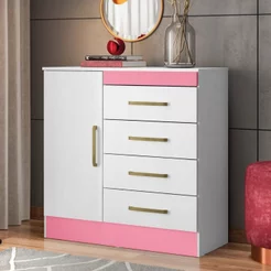 Cômoda 4 Gavetas Montevidéu Branco/Rosa Rosa/Branco
