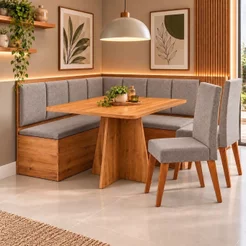 Conjunto Canto Alemão com Baú Mesa 120x77,5cm Tampo sem Vidro com 2 Cadeiras Milão Bege/Mel/Kaki Kaki/Mel