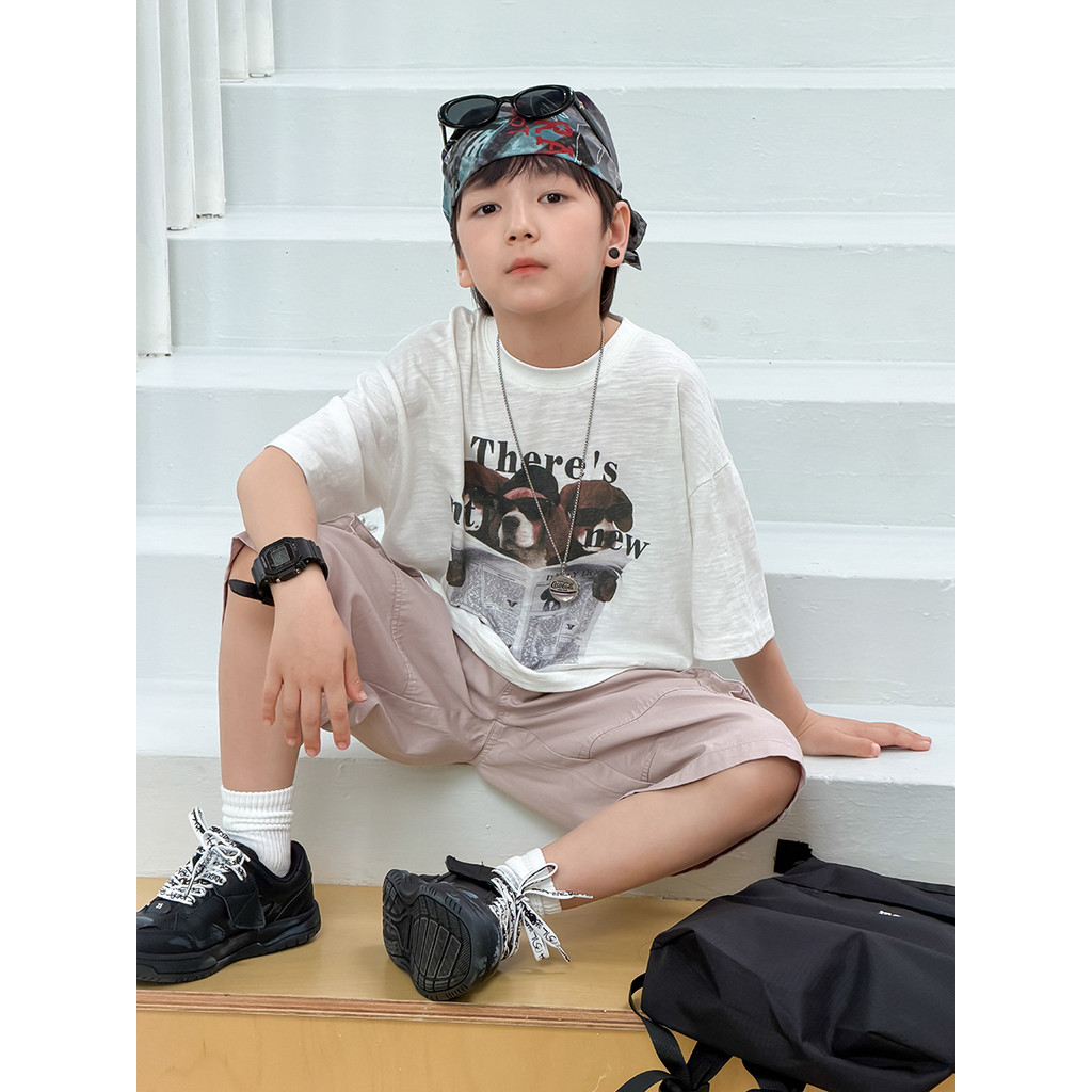 Yima meninos Retro algodão de manga curta camiseta crianças verão estilo fino bebê carta filhote de cachorro impresso ca