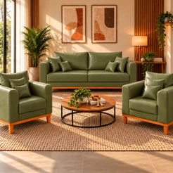 Kit Sofá 3 Lugares e 2 Poltronas Sala de Estar Beny Corino Verde Madeira Estofados
