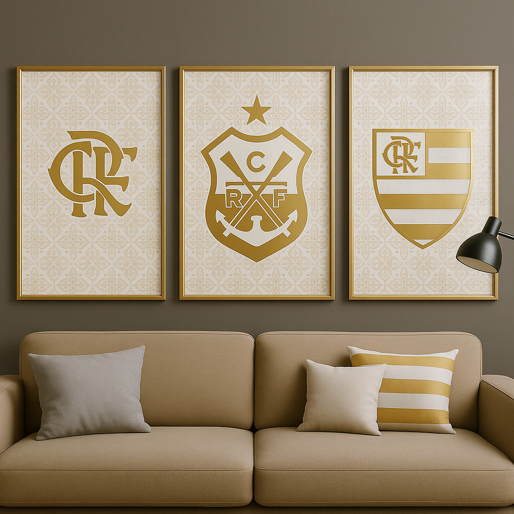 Quadro Decorativo Flamengo 3 Peças Escudos Dourados MDF Parede Sala Quarto Torcedor Luxo em Oferta na Shopee