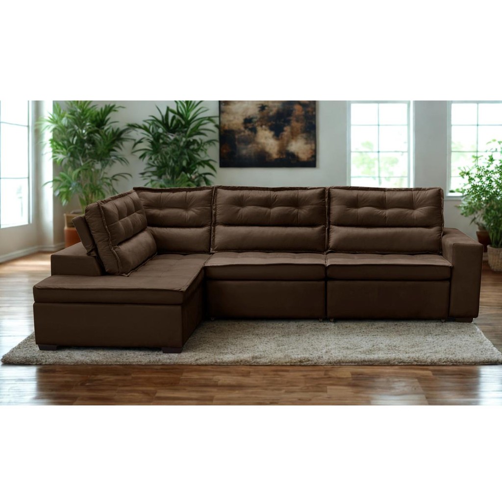 Sofá de Canto Retrátil e Reclinável com Molas 3,00x2,00 Esq Viena Suede Marrom Mirra Decor