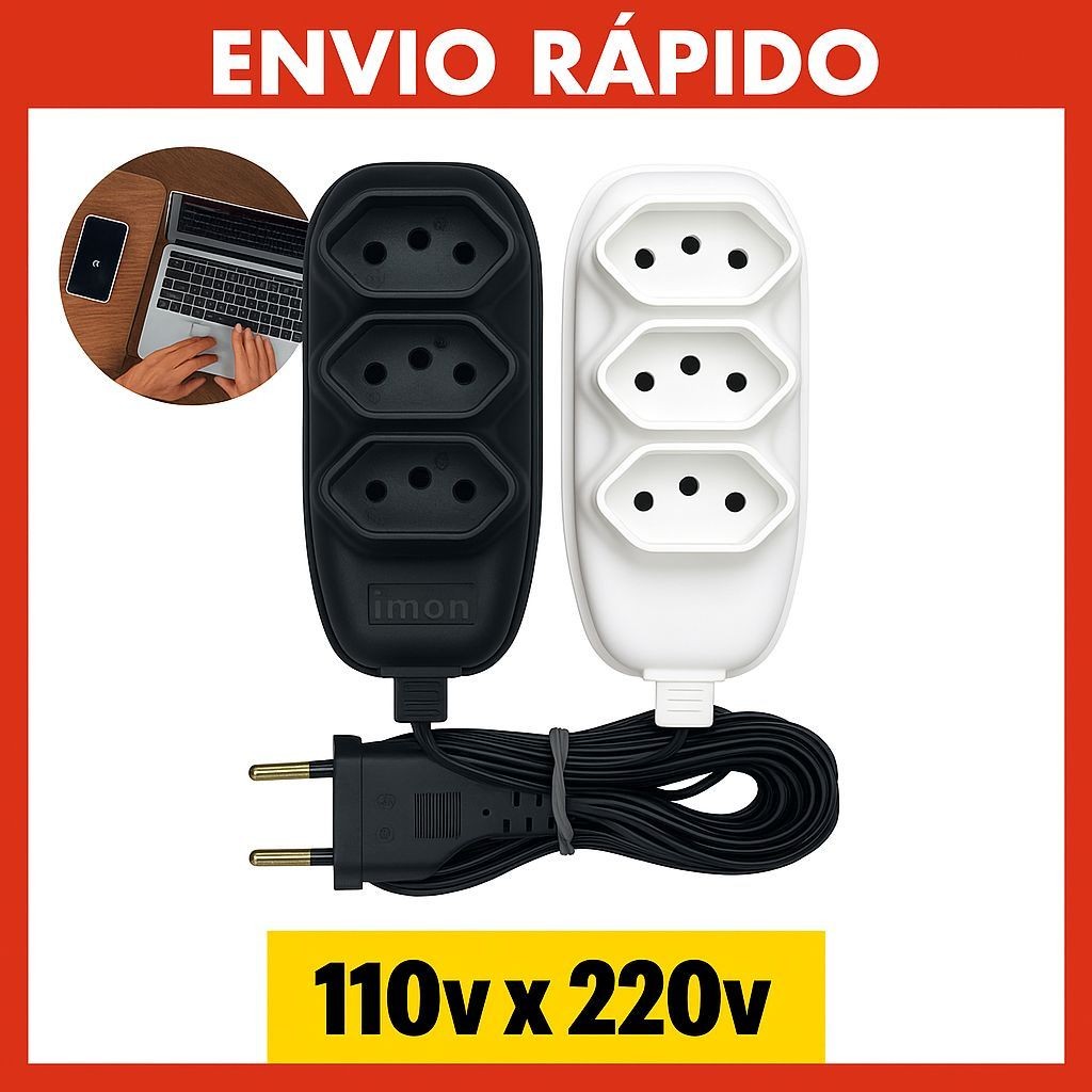 Extensão Elétrica Tripolar 10A Bivolt 2m / 3m / 5m / 10m Branca ou Preta