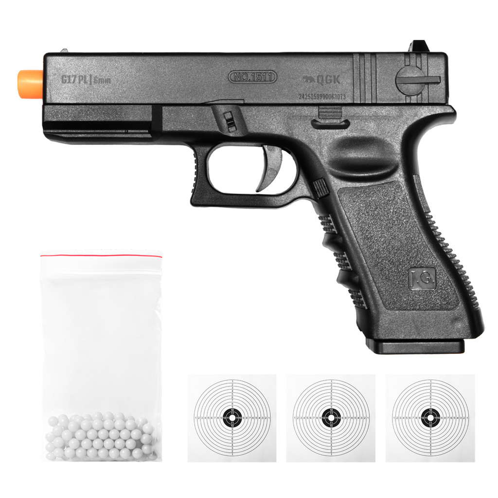 PISTOLA DE AIRSOFT SPRING QG17 PL 6MM QGK + BBS + ALVOS em Oferta na Shopee