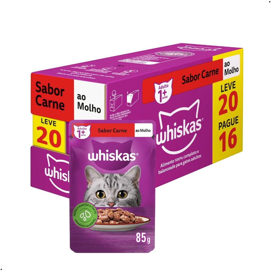 Ração Úmida Whiskas Gato Adulto Carne Pack Leve 20 Pague 16 em Oferta na Shopee